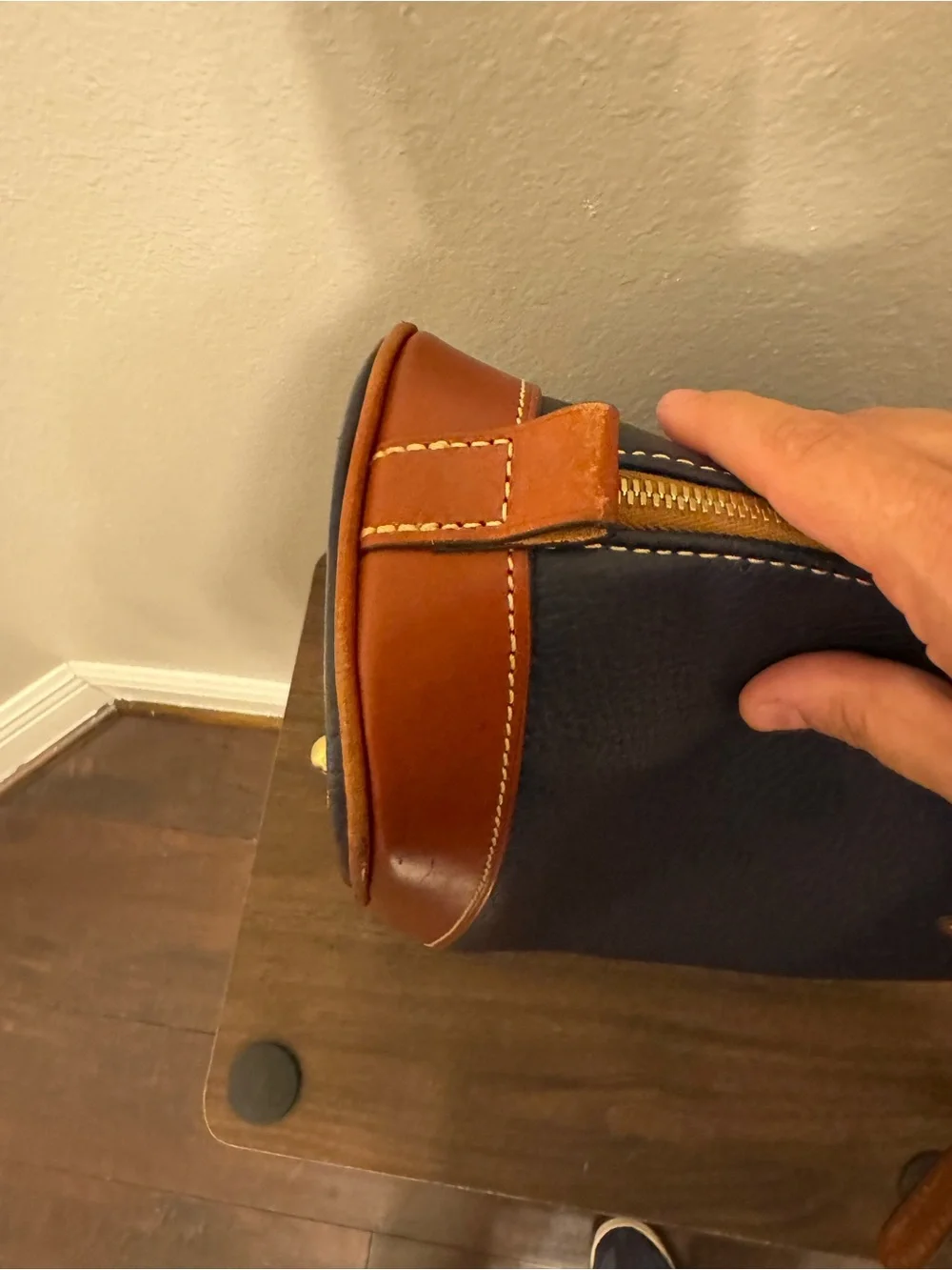 Dooney & Bourke Navy and Tan Pebble Grain Leather Satchel